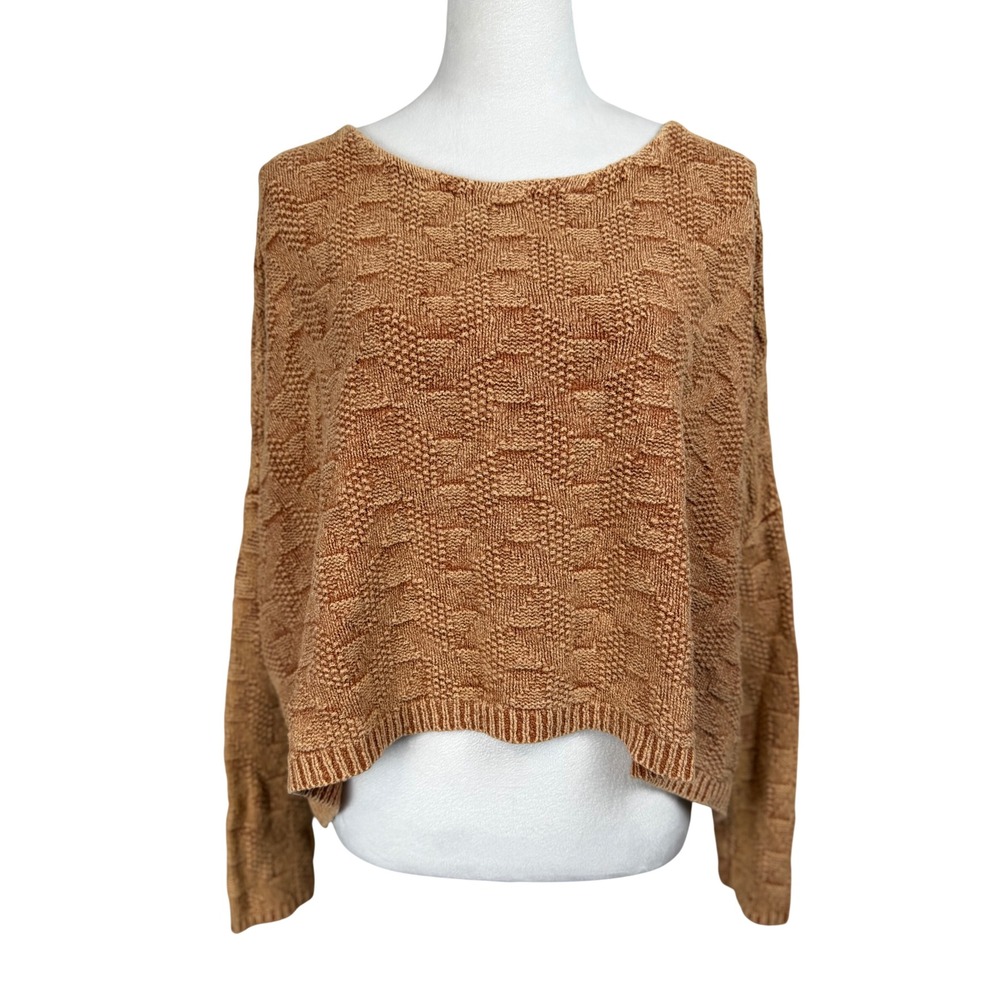 Free People Womens Sweater Cotton Blend Pullover Medium Orange Textured Cropped